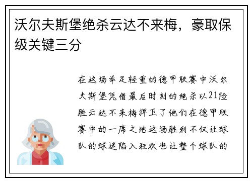 沃尔夫斯堡绝杀云达不来梅，豪取保级关键三分